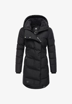 Giacca imbottita nera con chiusura a zip e bottoni a pressione, caratterizzata da cappuccio foderato in pelliccia, trama trapuntata e tasche laterali con zip.