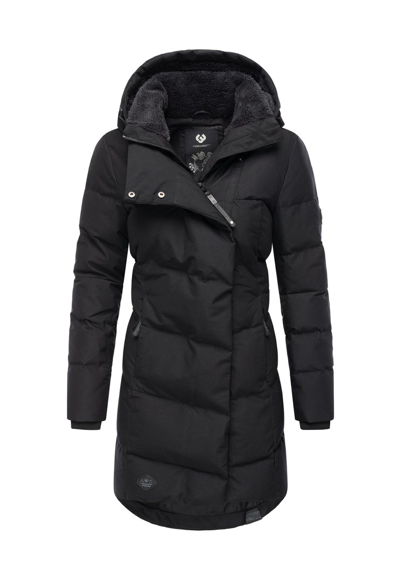 Svart dunjacka med dragkedja och tryckknappar, utrustad med huva fodrad med plysch, quiltad textur och sidofickor med dragkedja.