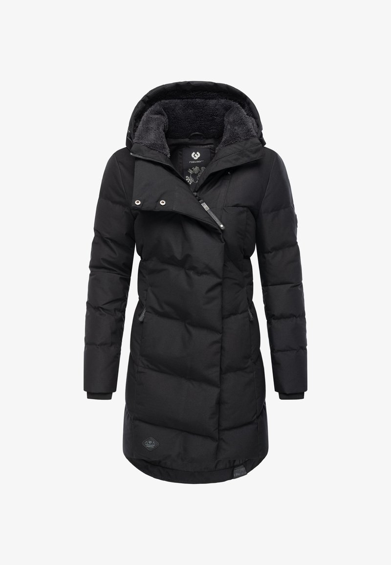 Fekete pufi kabát cipzárral és patentzárral, puha béléssel a kapucninál, steppelt textúrával és oldalzsebes cipzárakkal.