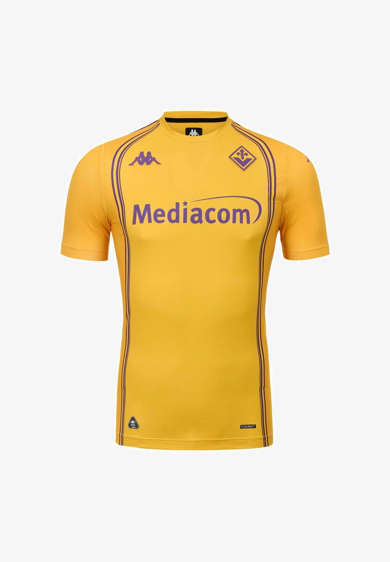 Maillot de football jaune à manches courtes avec le sponsor violet "Mediacom", logos Kappa et blason du club Fiorentina, avec des bandes violettes sur les côtés.