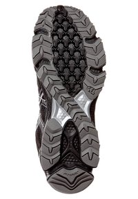 Semelle de chaussure de sport noire avec des crampons profonds, une surface texturée, et un insert central en gel argenté pour l'amorti. Motifs hexagonaux et triangulaires présents.