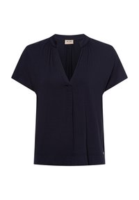 Blusa navy a maniche corte con scollatura a V, dettagli arricciati sulle spalle e vestibilità rilassata. Realizzata in tessuto morbido e leggero.