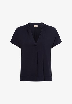 Marineblauwe blouse met korte mouwen en een V-hals, gathered details op de schouders en een ontspannen pasvorm. Gemaakt van zachte, lichte stof.