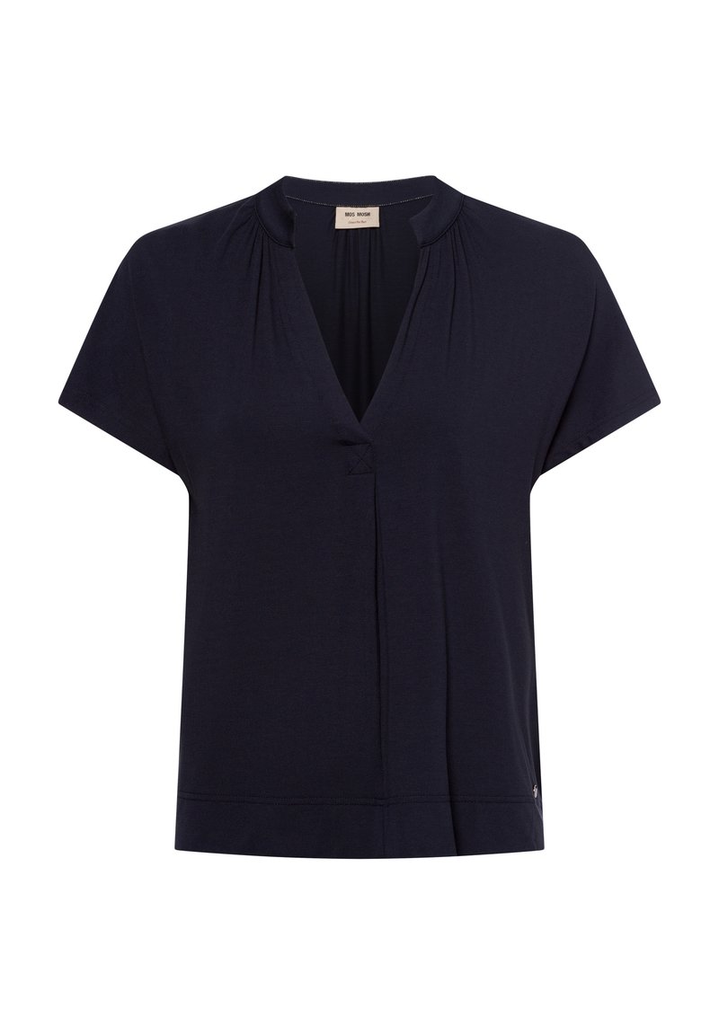 Blusa navy a maniche corte con scollatura a V, dettagli arricciati sulle spalle e vestibilità rilassata. Realizzata in tessuto morbido e leggero.