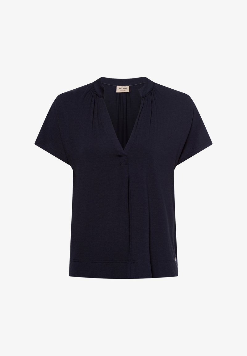 Marinblus med kort ärm och V-ringning, med samlade detaljer vid axlarna och en avslappnad passform. Tillverkad av mjukt, lätt material.