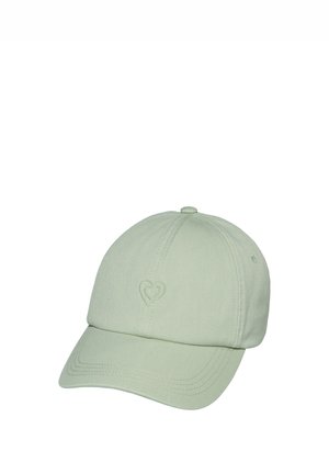 Hellgrüne Baseballkappe mit einem kleinen, gestickten Herzemblem auf der Vorderseite, sechsteiligem Design und gebogenem Schirm.