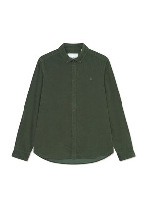 Grønn langermet skjorte med knapper laget av kordfløyel, med klassisk krage, frontknapper og en liten logo på brystet.