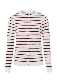 Wit vest met bordeauxrode horizontale strepen. Voorzien van een ronde hals, lange mouwen en een knoopsluiting aan de voorkant met zilverkleurige knopen. Geweven, gestructureerde stof.