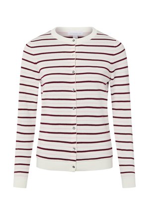 Wit vest met bordeauxrode horizontale strepen. Voorzien van een ronde hals, lange mouwen en een knoopsluiting aan de voorkant met zilverkleurige knopen. Geweven, gestructureerde stof.