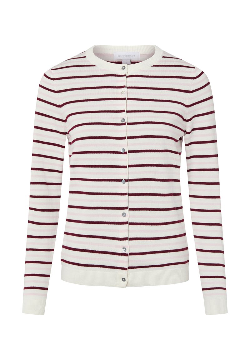 Wit vest met bordeauxrode horizontale strepen. Voorzien van een ronde hals, lange mouwen en een knoopsluiting aan de voorkant met zilverkleurige knopen. Geweven, gestructureerde stof.