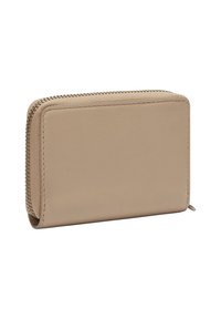 Beżowy skórzany portfel z zamknięciem na zamek błyskawiczny, prostokątny kształt, gładka tekstura i subtelny detal w postaci przeszyć wzdłuż krawędzi.