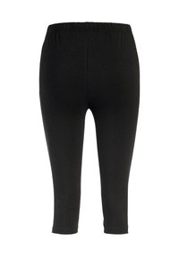 Zwarte cropped leggings van rekbaar materiaal, met een elastische tailleband en een gladde textuur zonder zichtbare naden of patronen.