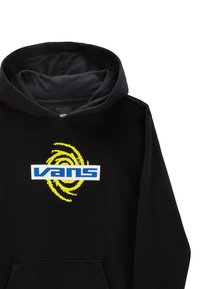 Sudadera negra con bolsillo frontal, con un logotipo azul de "VANS" y un diseño en espiral amarillo. Hecha de suave tela de algodón.
