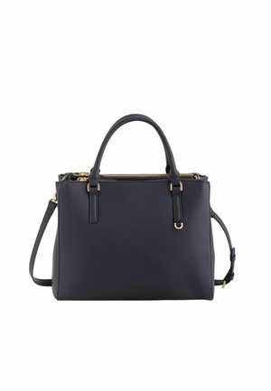 Bolso estructurado azul marino con dos asas superiores, cierre de cremallera dorada y correa de hombro ajustable y desmontable.