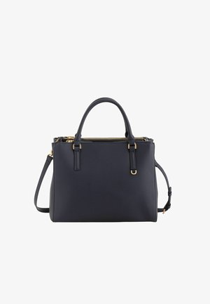 Bolso estructurado azul marino con dos asas superiores, cierre de cremallera dorada y correa de hombro ajustable y desmontable.