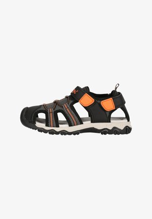 Black and orange sandal with mesh upper, adjustable straps, and rubber sole. Features cut-out design and textured accents for grip.