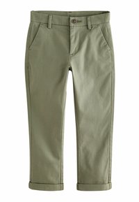 Chinos en coton vert olive avec coupe droite, deux poches avant et poignets retroussés. Dotés d'une fermeture à bouton et de passants de ceinture.