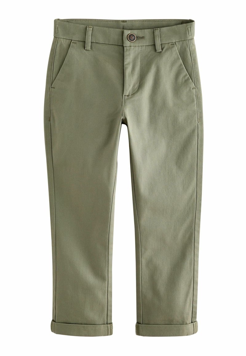Chinos en coton vert olive avec coupe droite, deux poches avant et poignets retroussés. Dotés d'une fermeture à bouton et de passants de ceinture.
