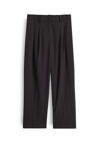 Pantalons noirs plissés en tissu lisse. Présentent des poches latérales et une coupe droite, avec une taille pour plus de confort.