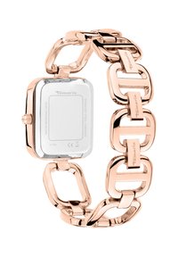 Roségoldene Metallarmbanduhr mit einem rechteckigen silbernen Gehäuse, Gliederarmband und minimalistischen Design. Wasserdicht bis 3 ATM.