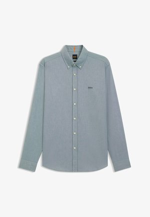 Miestenská košeľa s dlhým rukávom v svetlomodrej farbe s jemnou textúrou, s golierom na gombíky, prednými gombíkmi a malým vyšitým logom na hrudi.