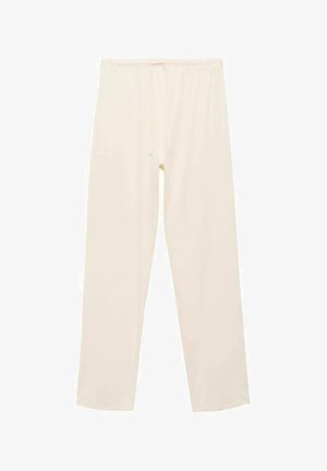 Ljust beige byxor i ett slätt tyg med en avslappnad passform, utrustade med midjeband i elastiskt material och dragsko för justerbar storlek.