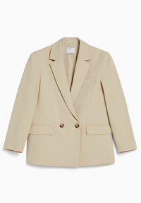 Beige double-breasted colbertjas met reverskraag, twee voorzakken, goudkleurige knopen en een gestructureerde silhouet. Gladde stoftextuur.