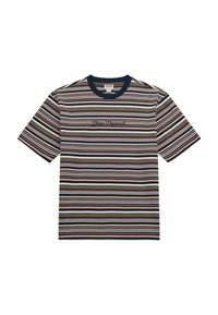 T-shirt rayé avec des lignes horizontales en bleu marine, beige, marron et rose. Encolure ras du cou avec un texte brodé au centre. Manches courtes.