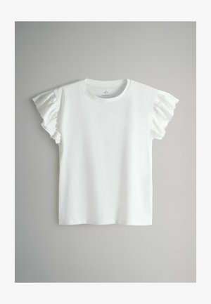 Baltas īsām piedurknēm T-krekls ar volānu detaļām uz piedurknēm, ar apaļu kakla dizainu, izgatavots no gludas auduma, ar taisnu apakšmalu.