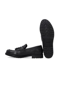 Schwarze Lederloafers mit einer Schleifendetail, ausgestattet mit einer strukturierten Gummisohle und einer glatten Oberseite. Klassisches Design mit flachem Profil.