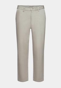 Beżowe spodnie casualowe o gładkiej teksturze, z zapięciem na guzik, szlufkami na pasek i prostym krojem nogawek. Logo marki widoczne na pasku.