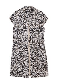 Beige und dunkelbraunes, kurzärmliges Kleid mit Leopardenmuster, Reißverschluss vorne, zwei Taschen, tailliert mit Gürtel und geradem Schnitt.