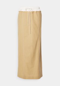 Jupe longue en lin beige avec une taille élastique blanche, présentant un cordon de serrage et des coutures contrastées sur les côtés.