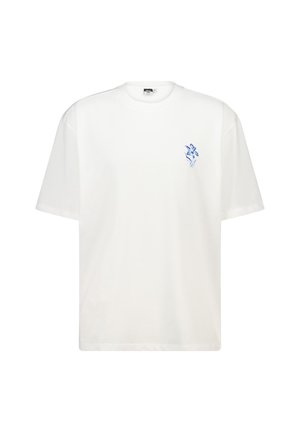 White cotton t-shirt with short sleeves, featuring a blue floral design on the left chest area. Simple, relaxed fit and crew neckline.