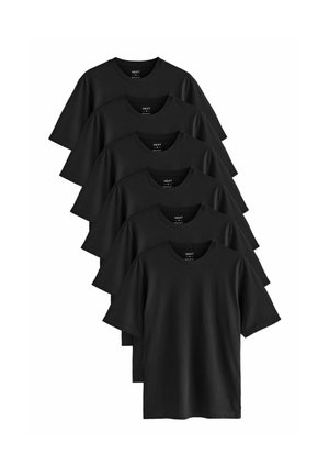 Sechserpack schwarze T-Shirts aus Baumwolle, mit kurzen Ärmeln, rundem Halsausschnitt und einem schlichten Design ohne sichtbare Muster oder Akzente.