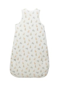Sac de couchage en coton blanc avec un motif de lapins aux couleurs pastel. Il présente un design sans manches et une fermeture à pression au bas.