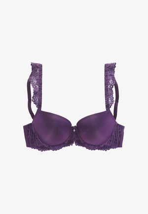 Lila BH mit gepolsterten Cups, Spitzenverzierungen an den Trägern und dem Unterband sowie einem kleinen Frontverschluss. Glatte Oberfläche mit einem strukturierten Blumenmuster.