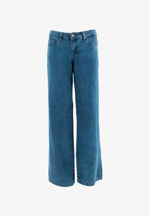 Jean en denim bleu à jambes larges avec une légère texture, fermeture à bouton sur le devant, passants de ceinture et design à cinq poches. L'ourlet est fini.