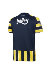 Krátký rukáv sportovního dresu v námořnické modré barvě s žlutými a bílými horizontálními pruhy, s logem "halley" na zadní straně a strukturovanou tkaninou.