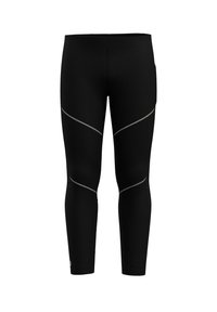 Sorte leggings i glat, strækbart materiale med reflekterende grå detaljer og buede sømdetaljer til atletisk præstation.