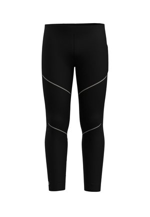 Black leggings featuring a smooth, stretchy material with reflective gray accents and curved seam detailing for athletic performance.
