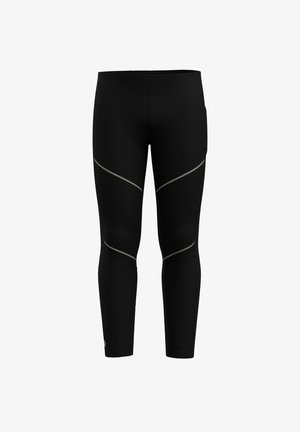 Black leggings featuring a smooth, stretchy material with reflective gray accents and curved seam detailing for athletic performance.