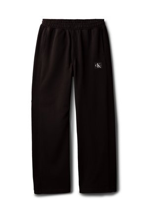 Zwarte wijde broek met elastische tailleband en zijzakken, met een klein Calvin Klein logo-patch op de rechterdij.