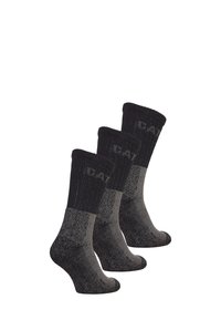 Chaussettes noires et grises avec un bord côtelé et un motif dégradé. Fabriquées en tissu extensible pour le confort et la durabilité. Ensemble de trois paires.