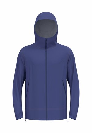 Blaue Kapuzenjacke mit durchgehendem Reißverschluss, seitlichen Taschen und einem glatten, leichten Stoff. Die Kapuze ist für Komfort und Schutz gestaltet.