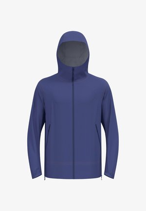 Blaue Kapuzenjacke mit durchgehendem Reißverschluss, seitlichen Taschen und einem glatten, leichten Stoff. Die Kapuze ist für Komfort und Schutz gestaltet.