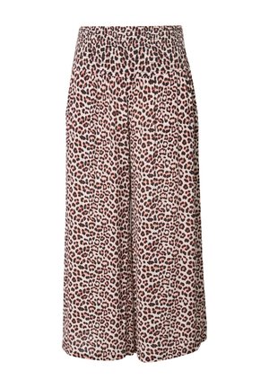 Culottebroek van lichtgewicht stof met een leopardschrijfpatroon in bruintinten en zwart tegen een lichte achtergrond. Elastische tailleband.