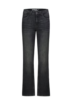 Schwarze ausgewaschene Denim-Jeans mit geradem Bein, Knopf- und Reißverschluss, vorderen und hinteren Taschen sowie Gürtelschlaufen.