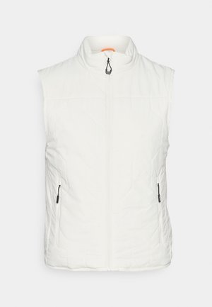 Valge varrukateta vest kõrge kaelusega, millel on ees lukku ja kaks külgtaskut. Kanga pinnal on tikandikujundusega kootud tekstuur.