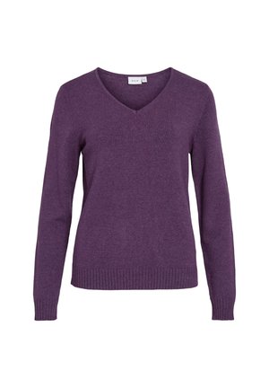 Pull-over violet en V fabriqué en matière tricot douce, avec des manches longues et un ourlet côtelé. Conception légère adaptée au superposition.